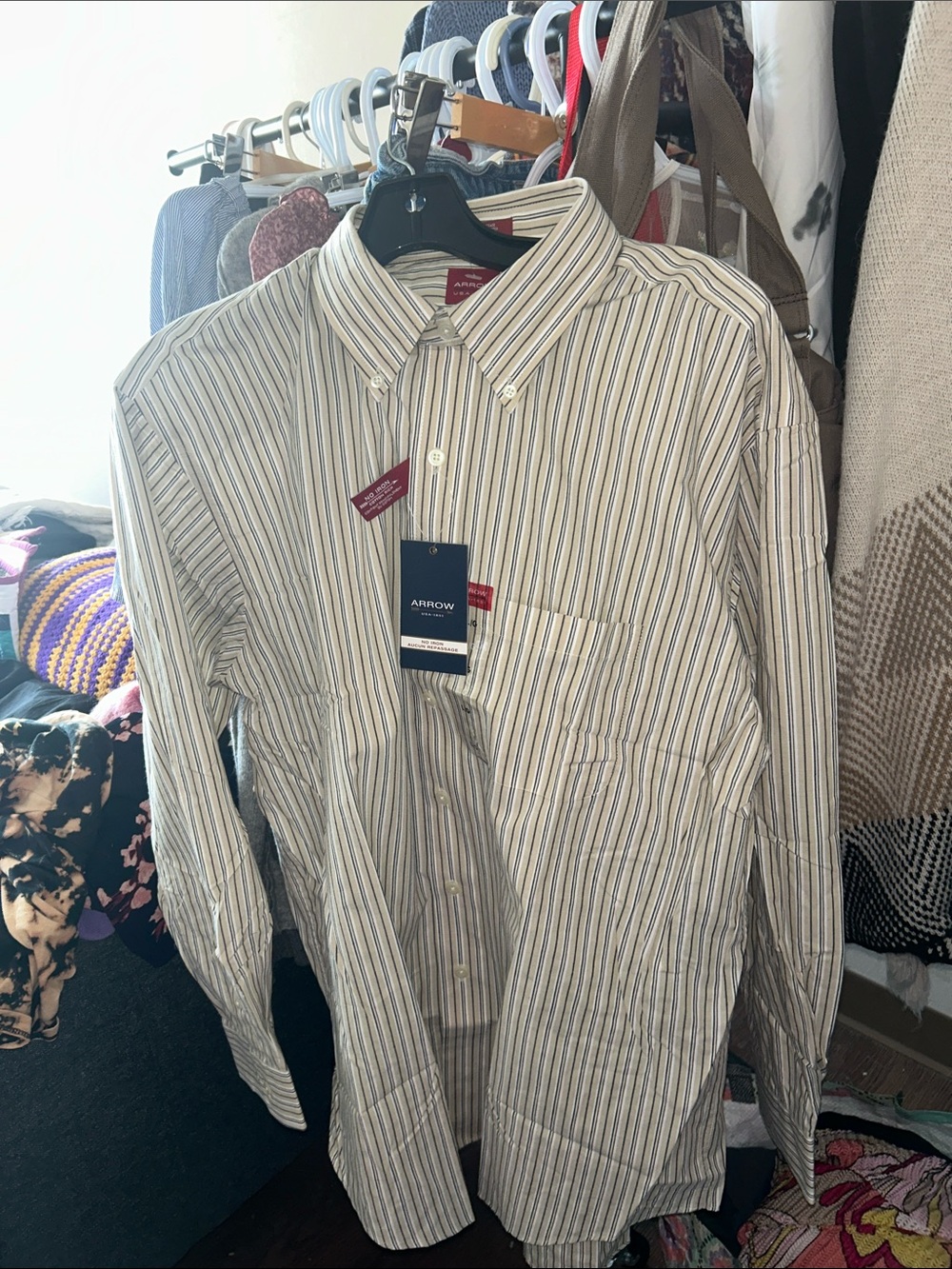 Arrow Men’s White Button-Down Shirt with Blue & Tan Stripes